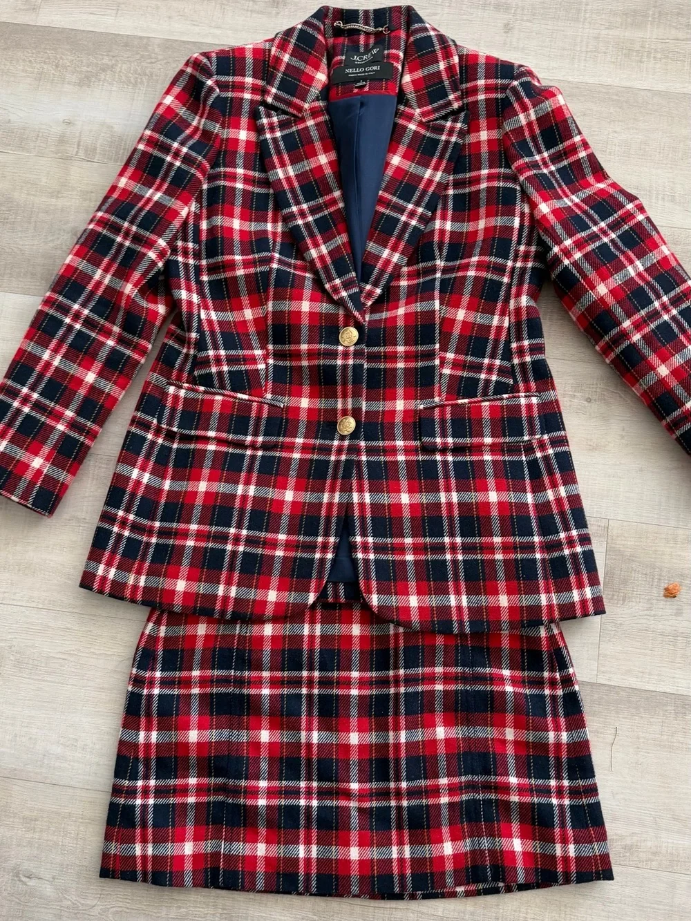J. Crew Red, Navy & White  tweed Plaid Blazer and Skirt Set